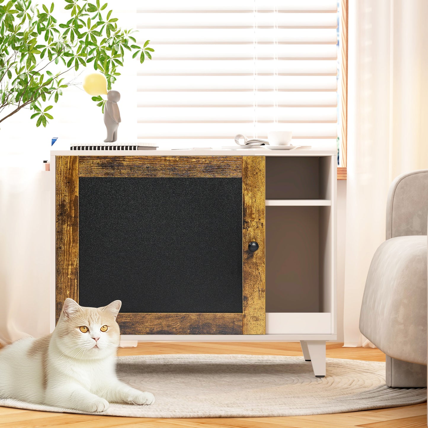 Litter Box Enclosure,Modern Hidden Cat Litter Box Enclosure Furniture with Scratching Pad for Living Room, White + vintage